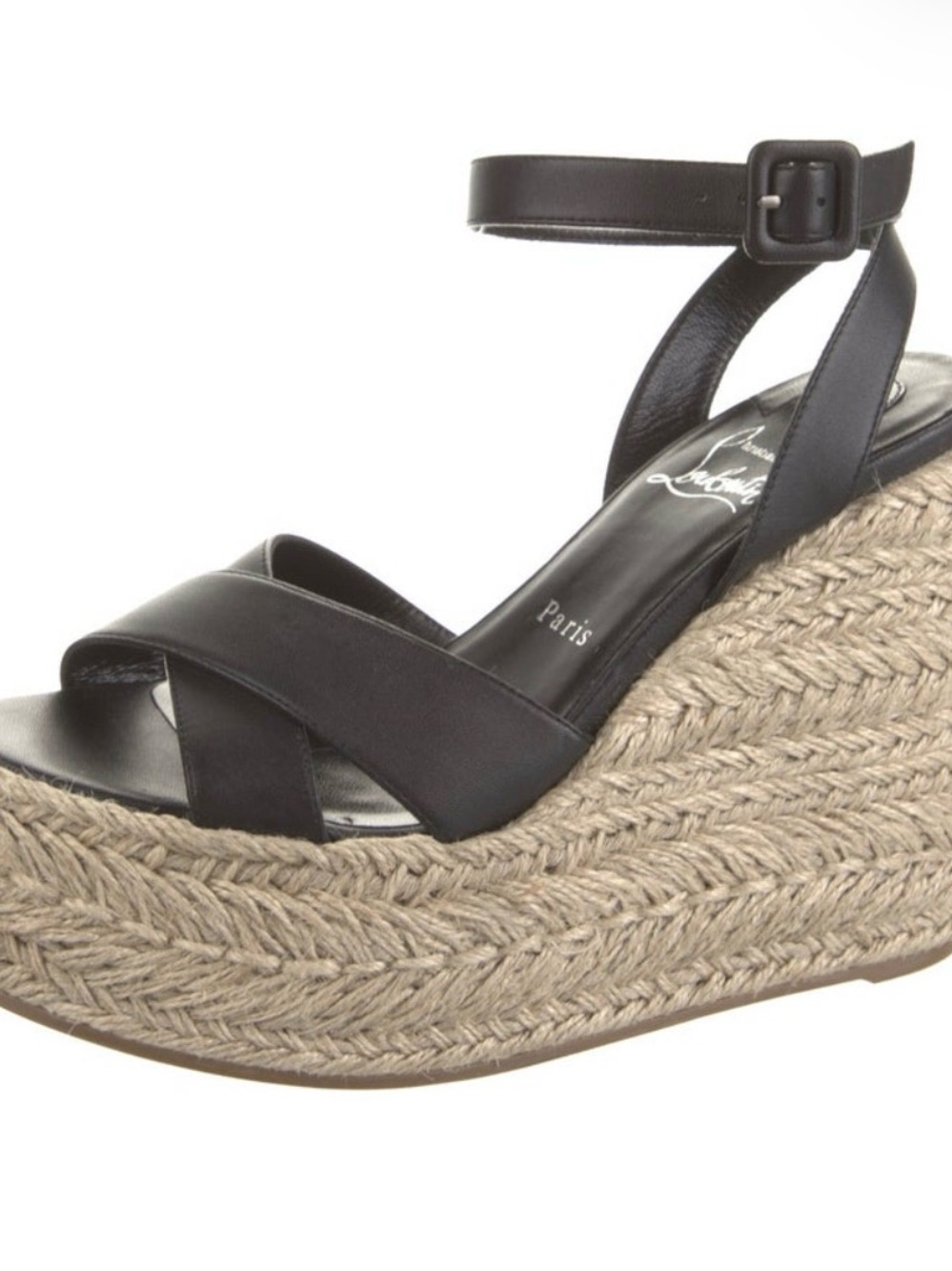 Christian Louboutin Black Leather Espadrille Wedge Sandals with Ankle Strap